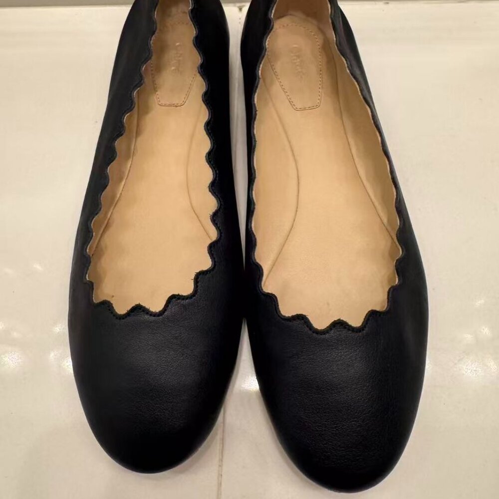 Chloe Navy Scalloped Flats, Sz 36